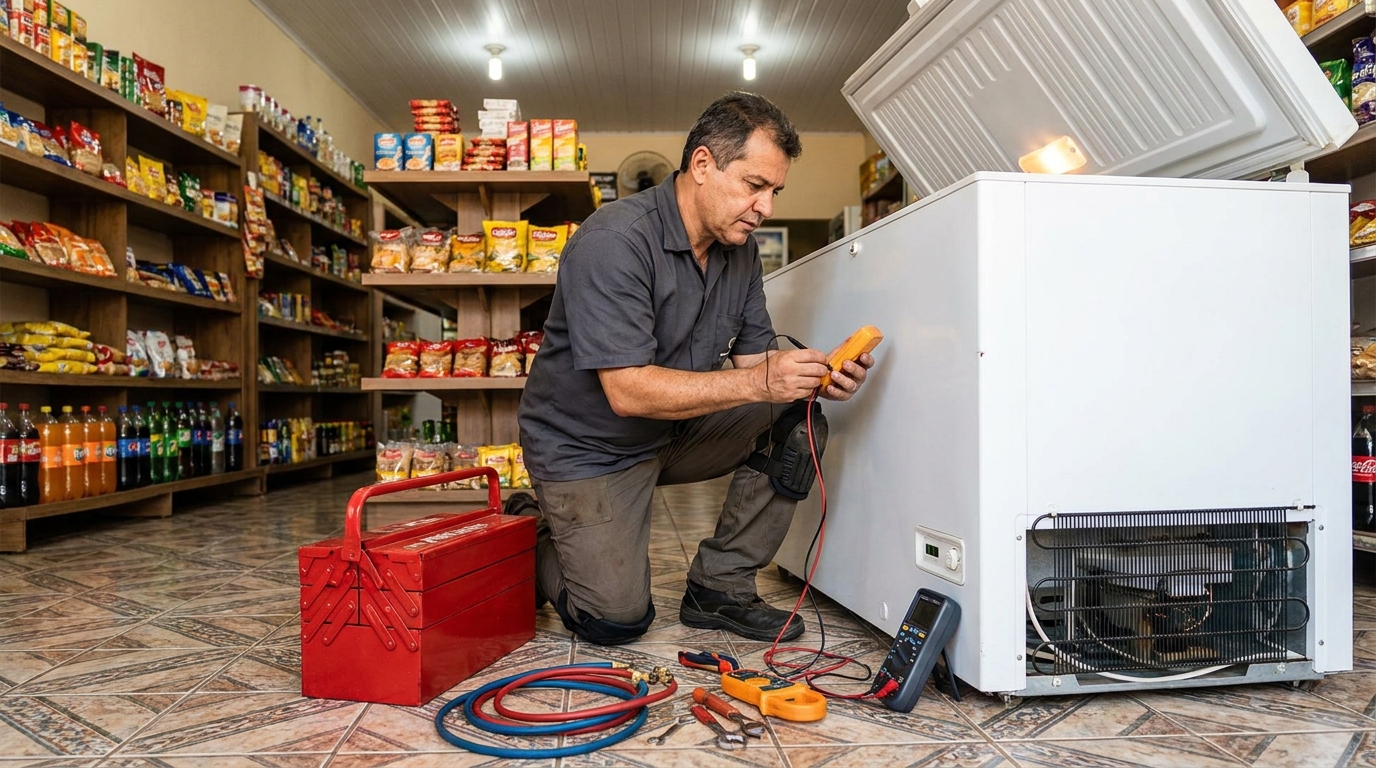 Recarga de gás refrigerante no freezer durante atendimento em Niterói‑RJ