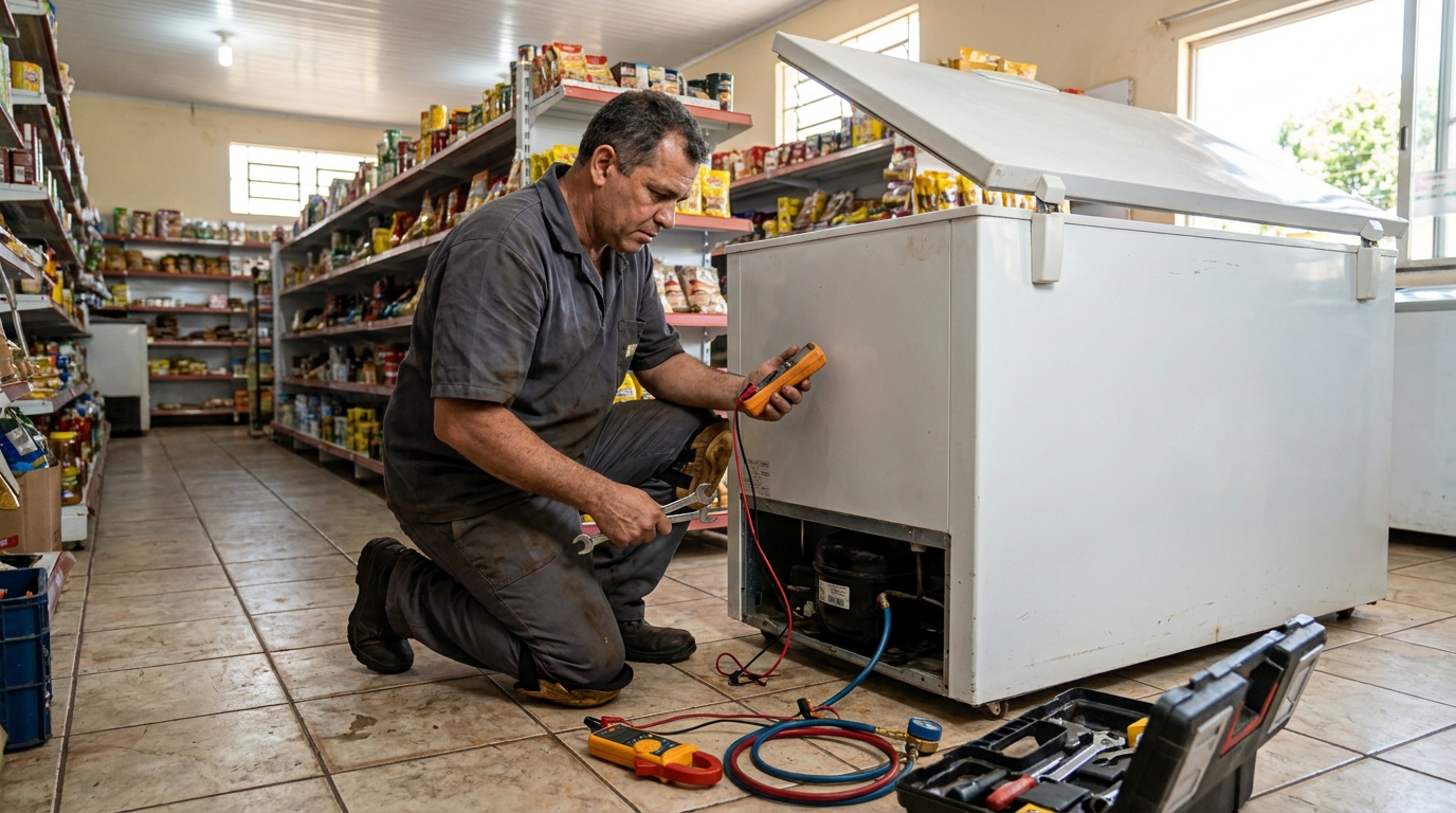 Substituição de termostato de freezer em visita técnica em Niterói‑RJ